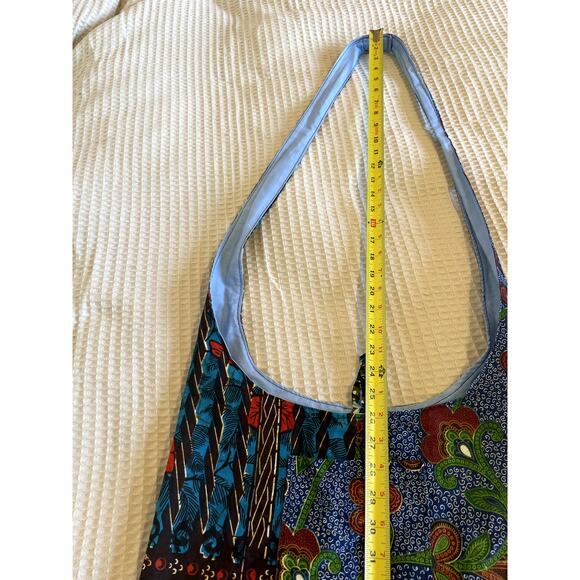 Handmade Boho Festival Hobo Tote Bag Blue Printed Long Strap External Pocket Y2K - Picture 10 of 11